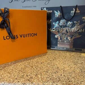 Louis Vuitton Orange Box with Ribbon and Navy Blue Decorative Bag AUTHENTIC